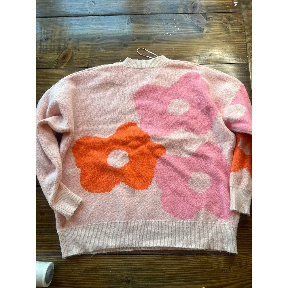 43 Story by Line Up‎ Pink Orange Floral Oversized Knit Crewneck Sweater Large